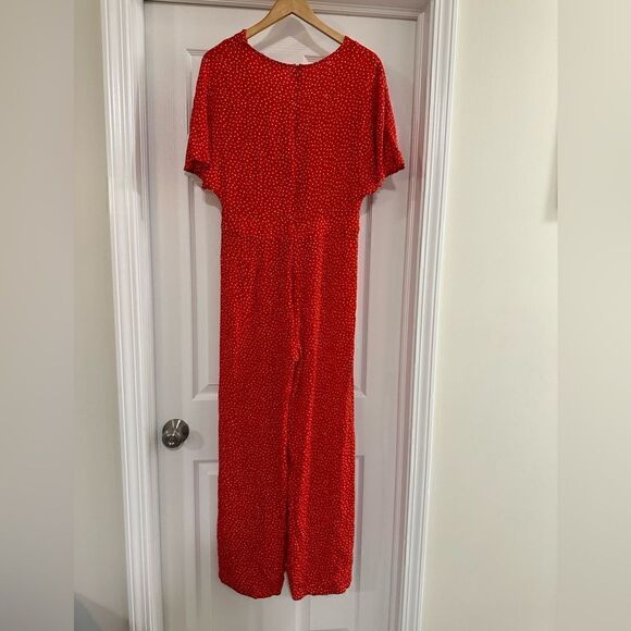 Mango Jumpsuit Medium Red Polka Dot Tie Front Wide Leg Short Sleeve - Picture 7 of 7